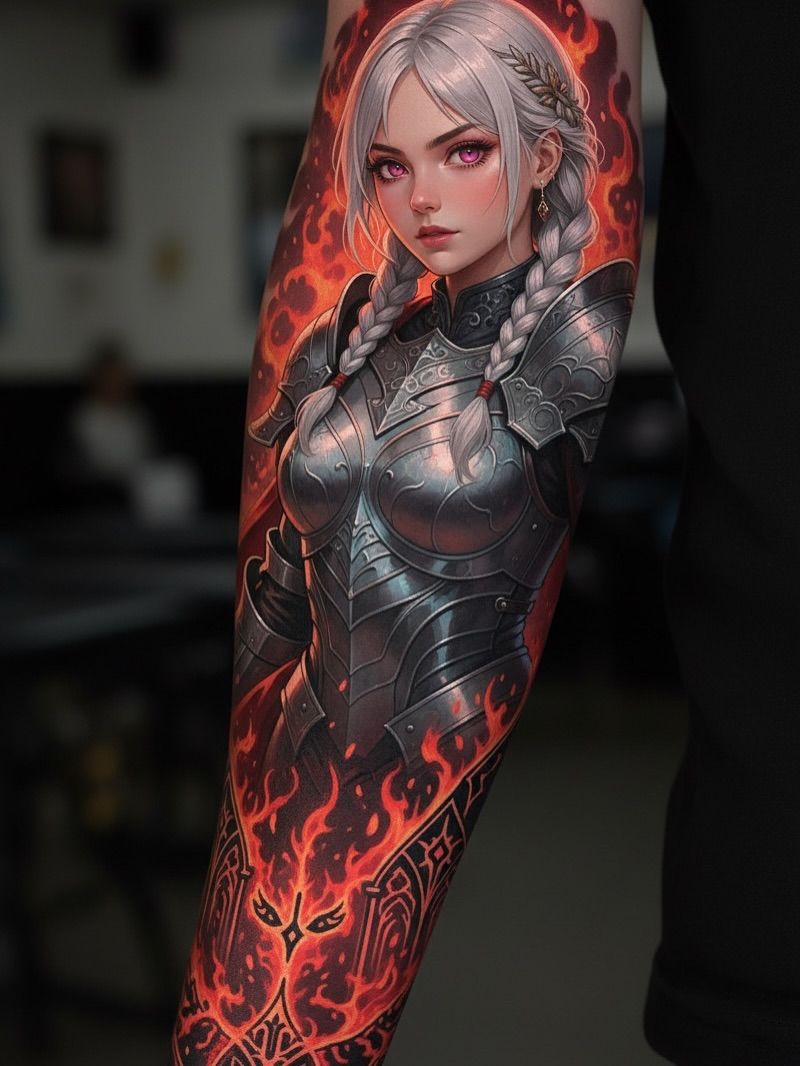 Tatuaje de realismo a color de una guerrera con armadura y fuego, manga completa