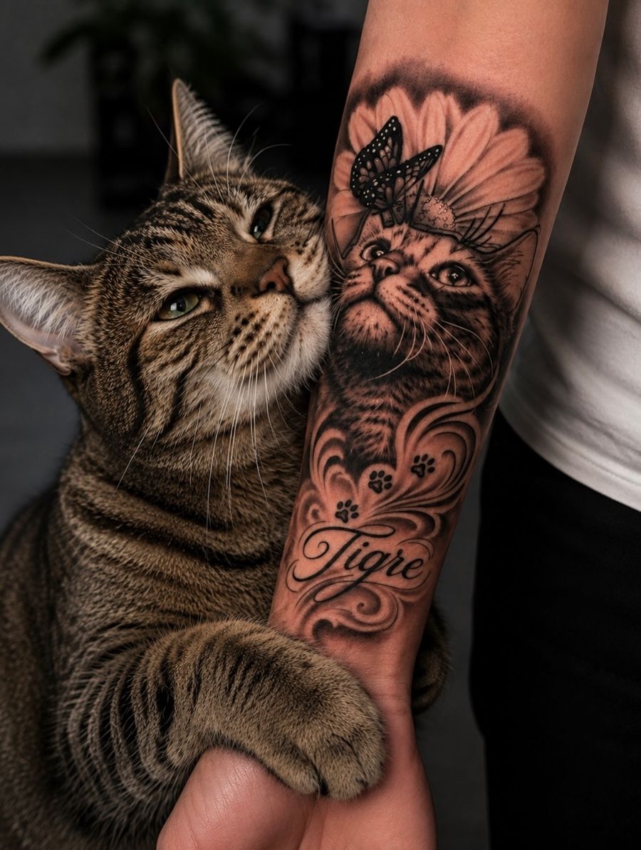 Tatuaje en negro y grises de dos gatos, junto al gato real