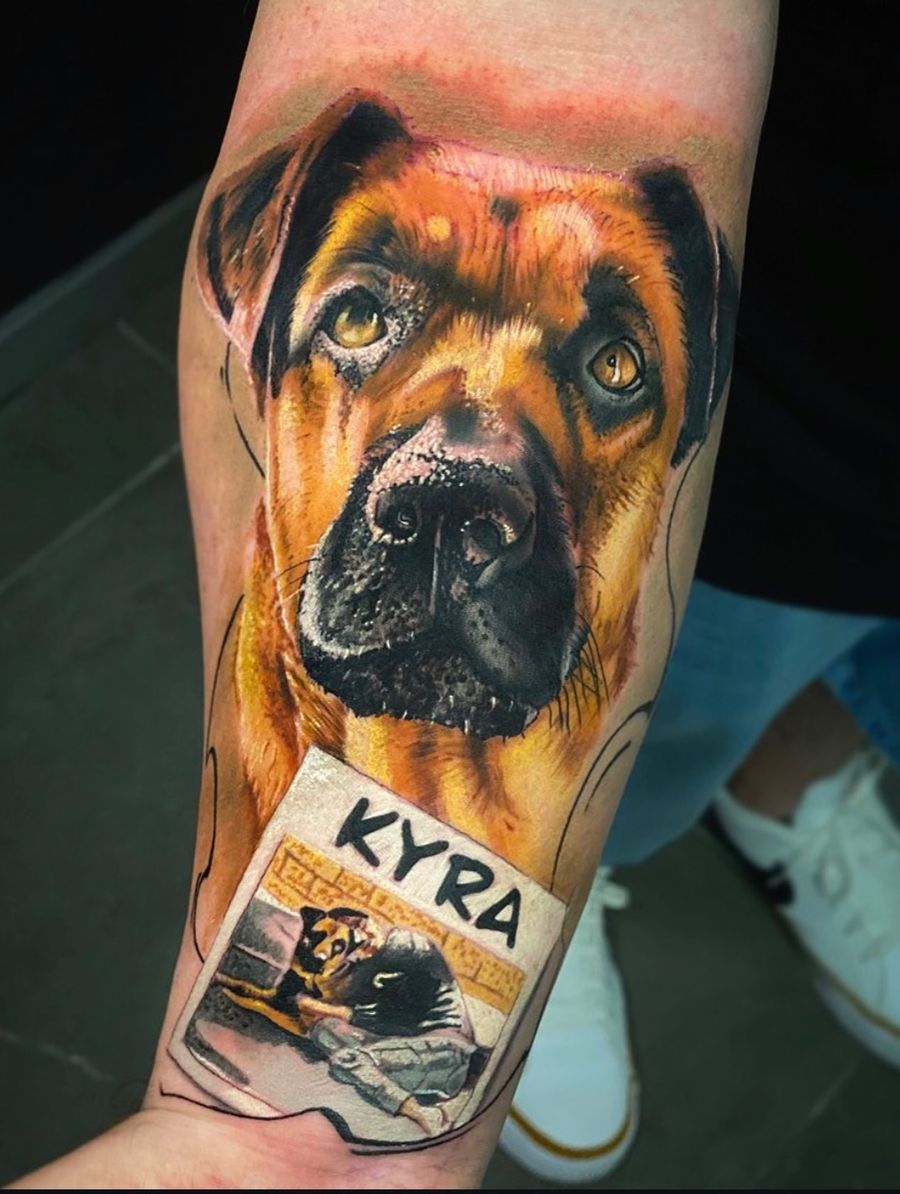 Tatuaje de realismo a color del retrato de un perro boxer